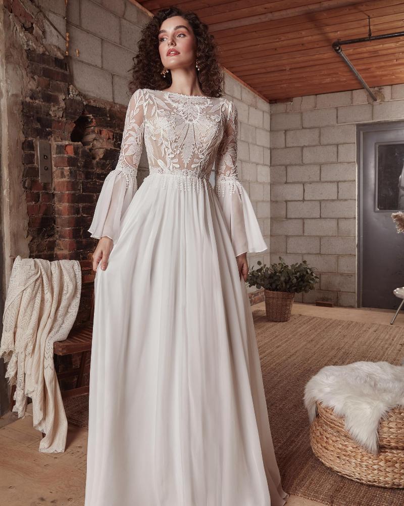 Lp2132 high neck boho wedding dress with bell sleeves and open back3